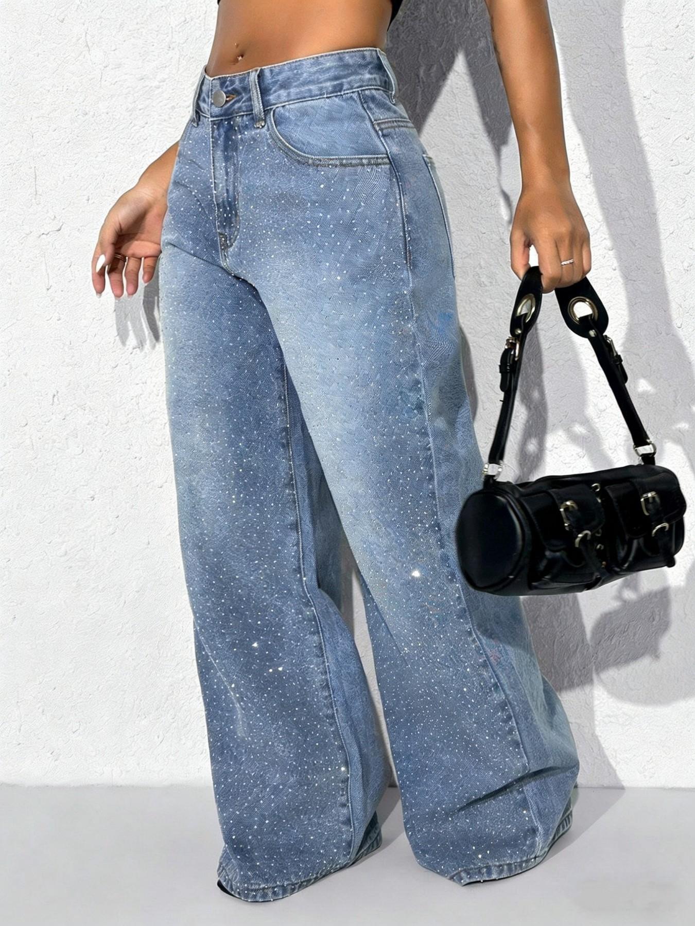 Women's Trendy Fashion Rhinestone Design New Elastic Comfortable Fitted Versatile Denim Jeans, Button, Pants, Elegant Style, All Seasons, Woven Fabric