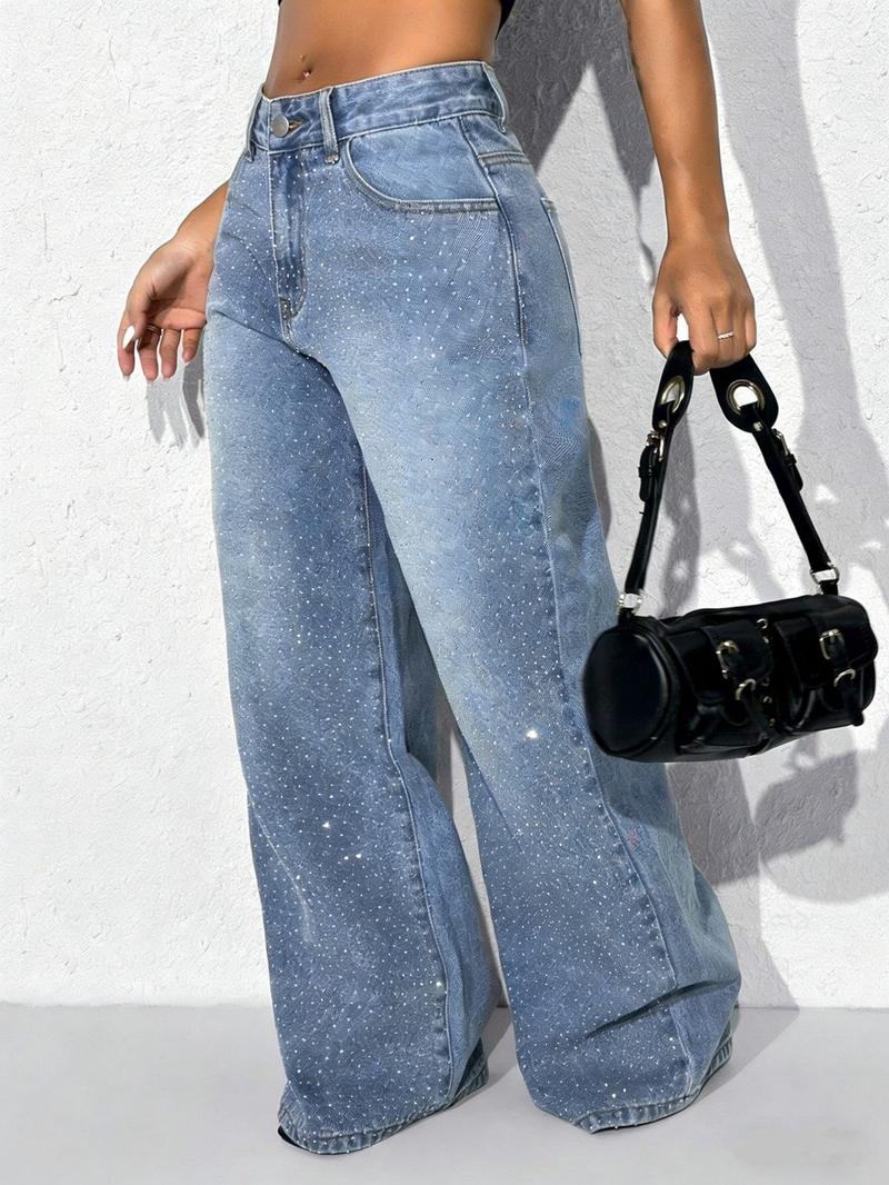 Women's Trendy Fashion Rhinestone Design New Elastic Comfortable Versatile Denim Jeans, Elegant Style, All Seasons, Woven Fabric