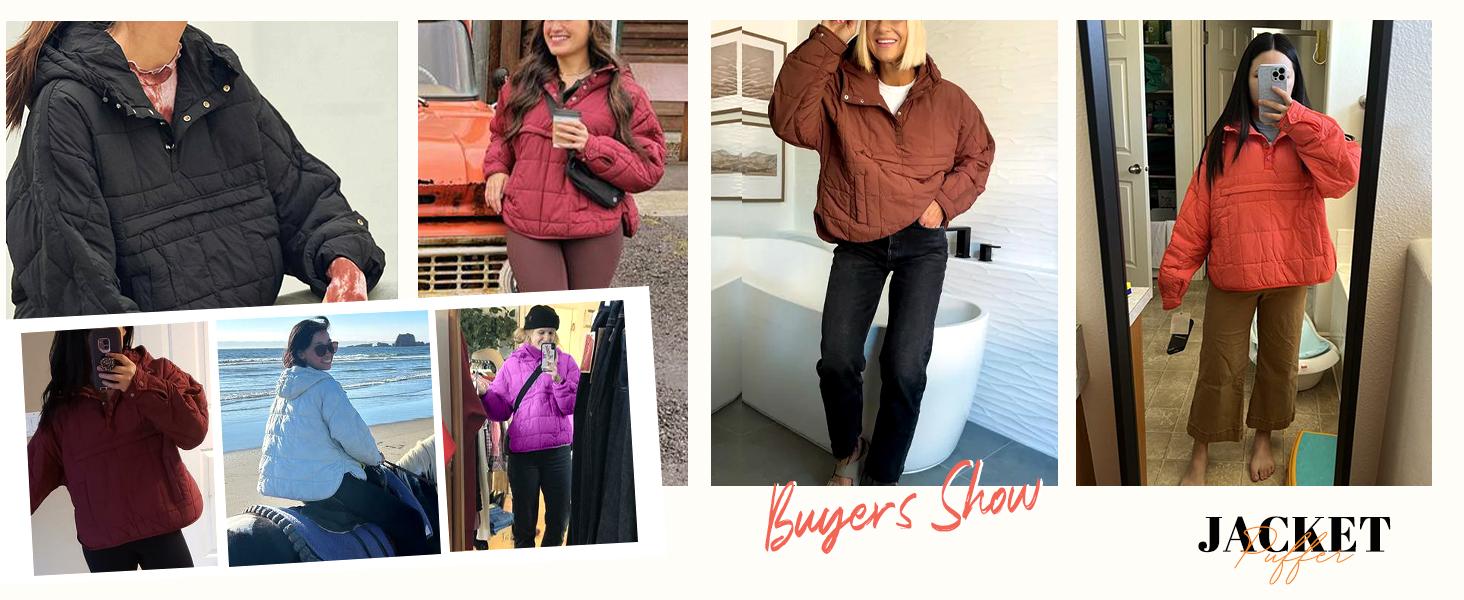 Fit and silhouette detail for Women's Oversized Hooded Long-Sleeve Puffer Jacket