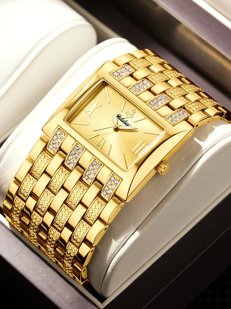 Women's Luxury Gold Square Diamond Watch - Elegant Bling Crystal Encrusted Bracelet with Roman Numerals, Stainless Steel Band, Fashion Dress Wristwatch, Perfect Gift for Her