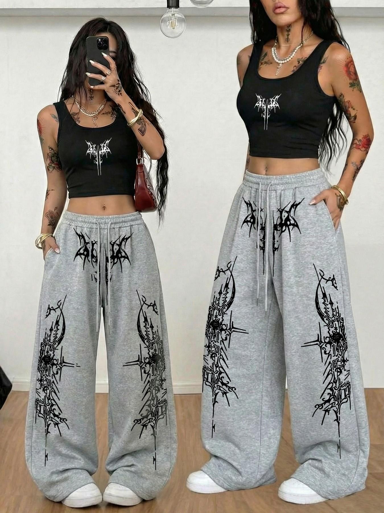 Women's Casual Streetwear Set, Fitted Sleeveless Crop Top and Straight Leg Pants, Gothic Thorn Graffiti Print, All Seasons Fashion