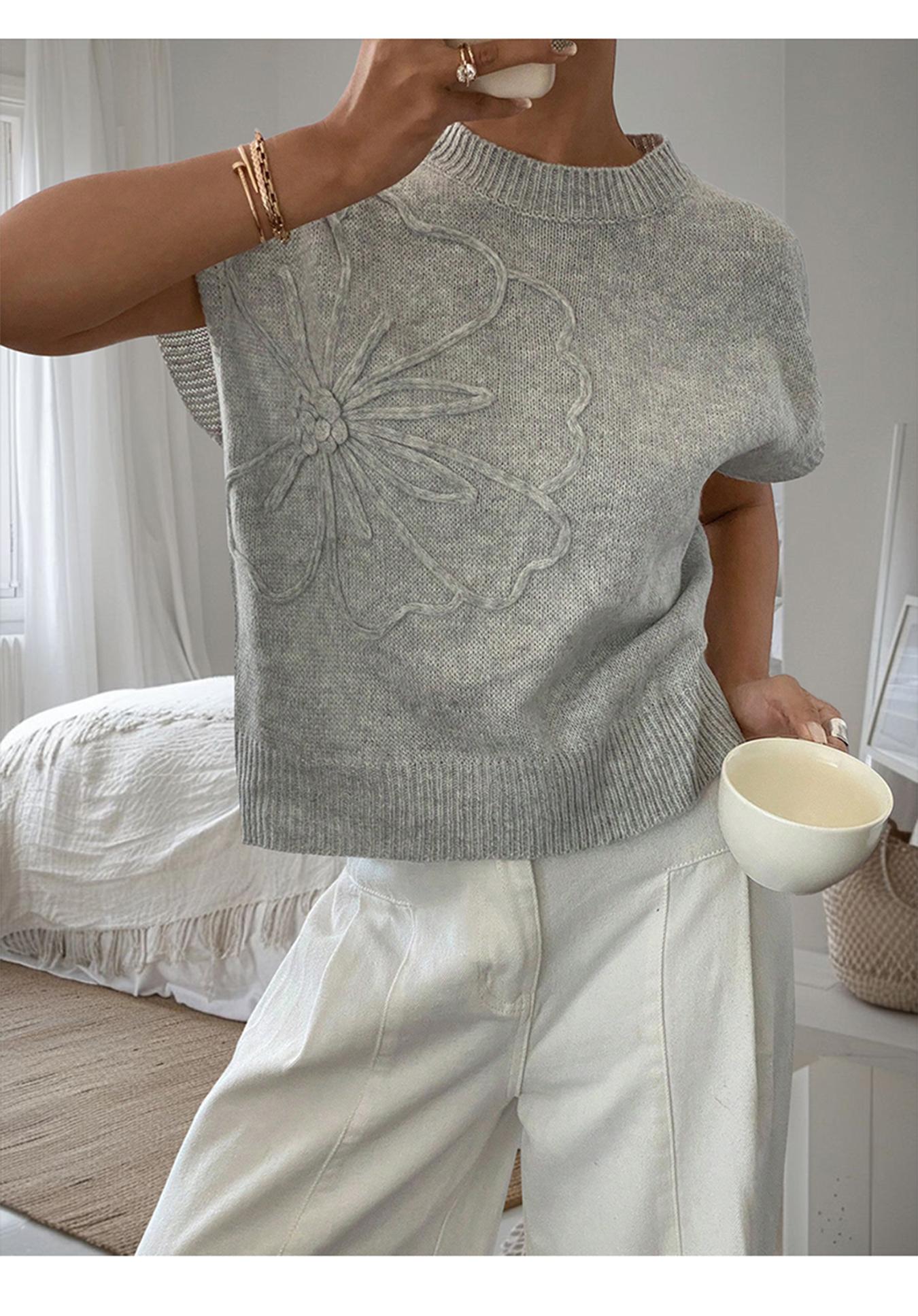 Women's Plain Flower Jacquard Semi-sheer Cable Knit Top, Casual Sleeveless V Neck Knitwear for Daily Wear, Ladies Clothes for All Seasons