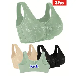 3-Pack Middle-Aged and Elderly Wire-Free Front-Closure Bras, Thin Push-Up Bras, Mom Underwear, Small Support No Padding, Vest-Style Lace Bras, Thin Bras, Mom Underwear, Grandma Thin Comfort Bras, Lightweight No Padding Bras, Slight Stretch Small