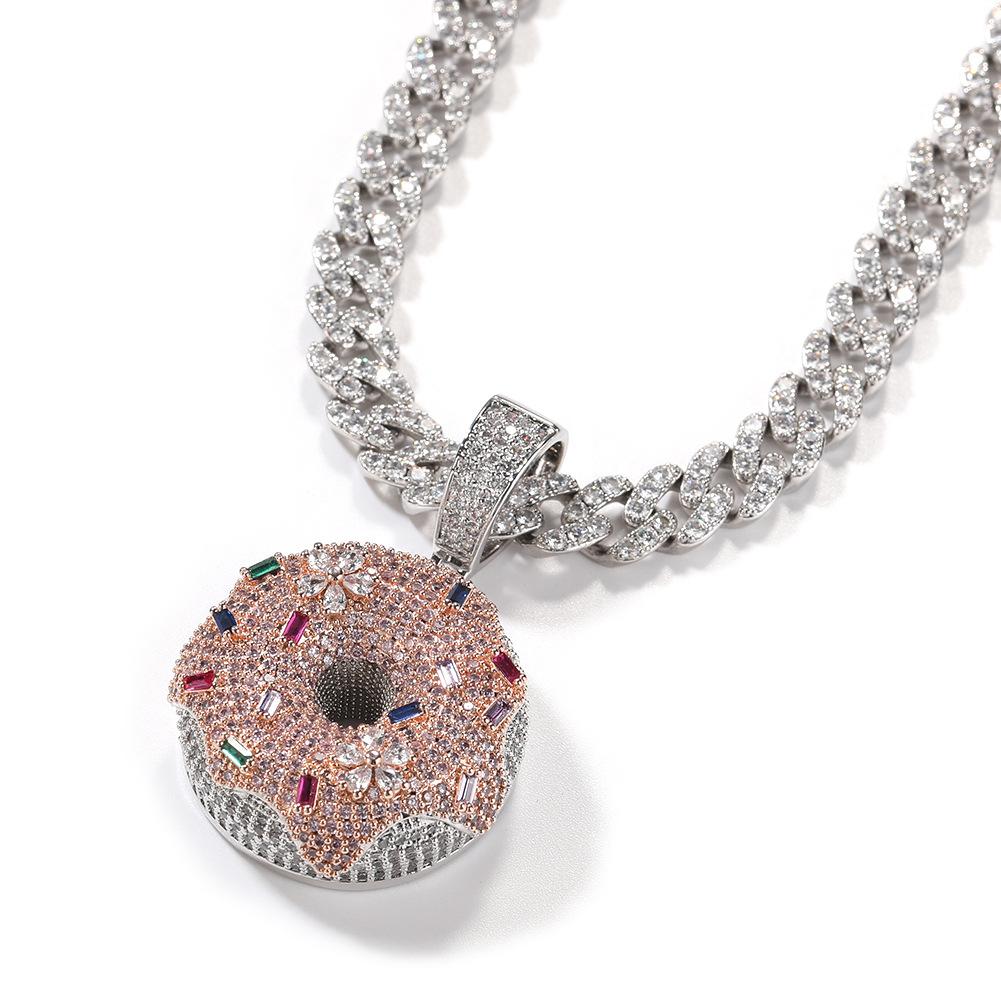 Loveden Hip Hop Iced Out Colorful Donut Pendant Necklace, Full Micro Pave Cubic Zirconia Donut Charm, Trendy Brand Quirky Streetwear Jewelry, Unique Fun Fashion Accessory, Unisex Statement Ornament for Men Women, Ideal for Daily Outfits, Club Party & Casu