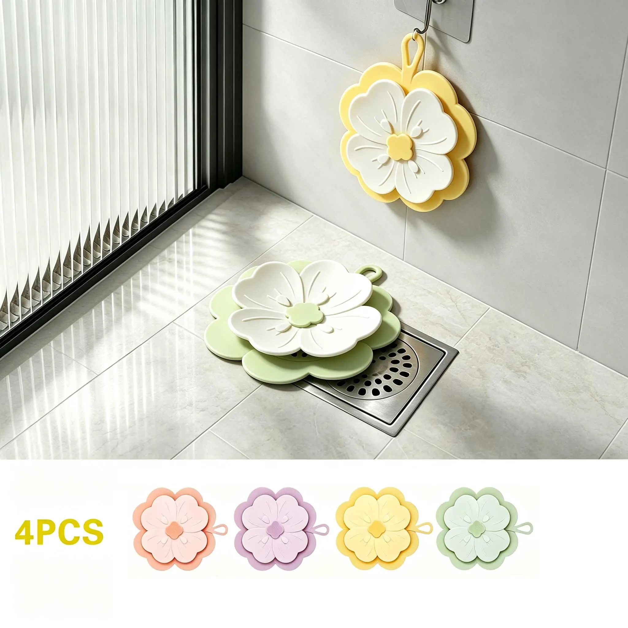 4 Pack Cute Flower-Shaped Silicone Drain Covers, Waterproof Odor-Blocking Drain Strainers with Hair Catcher & Insect Barrier, Anti-Backflow Drain Cover, Bathroom Drain Stopper for Bathroom, Kitchen & Sink Drains