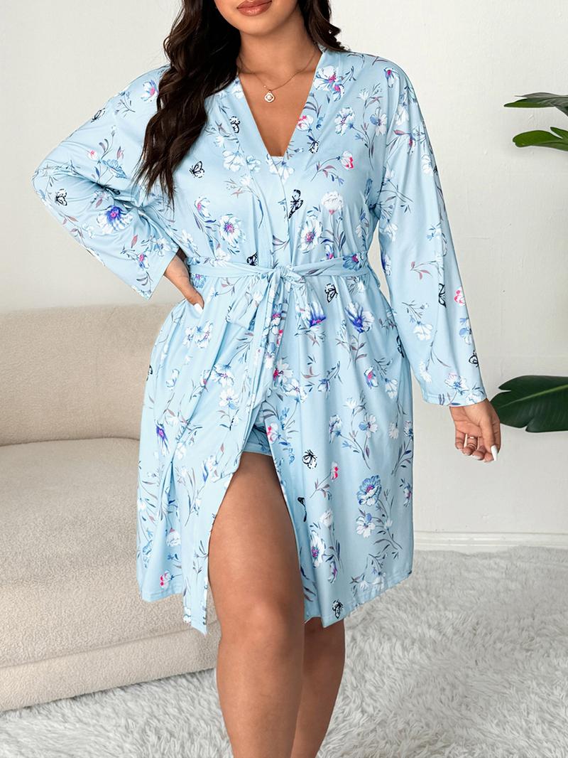 Plus Size Full Floral Butterfly Print Cami Shorts Set, Plus Size Floral Long Sleeve Robe 3 Piece for Spring & Fall, Casual Comfortable Sleepwear