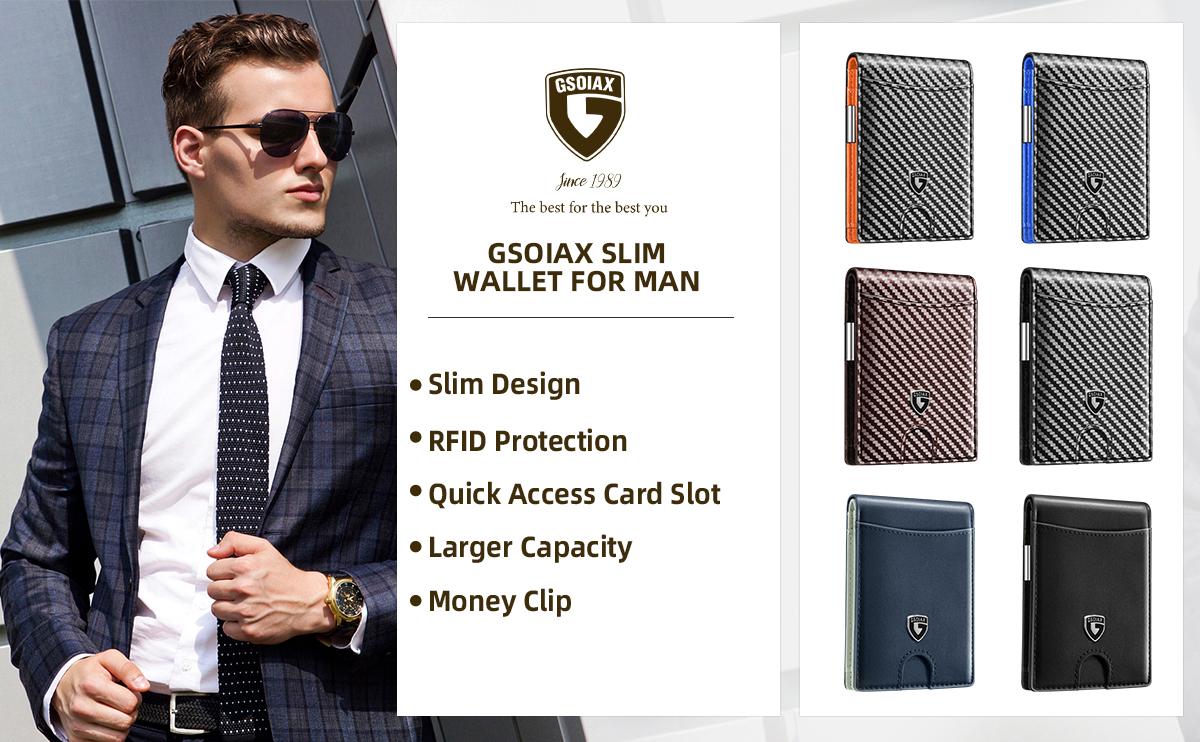 GSOIAX Slim Wallet for Men with Money Clip, Minimalist Leather RFID Blocking Bifold Small Thin Front Pocket Carbon Fiber Men's Wallet,11 Credit Card Slots Holder with Gift Box