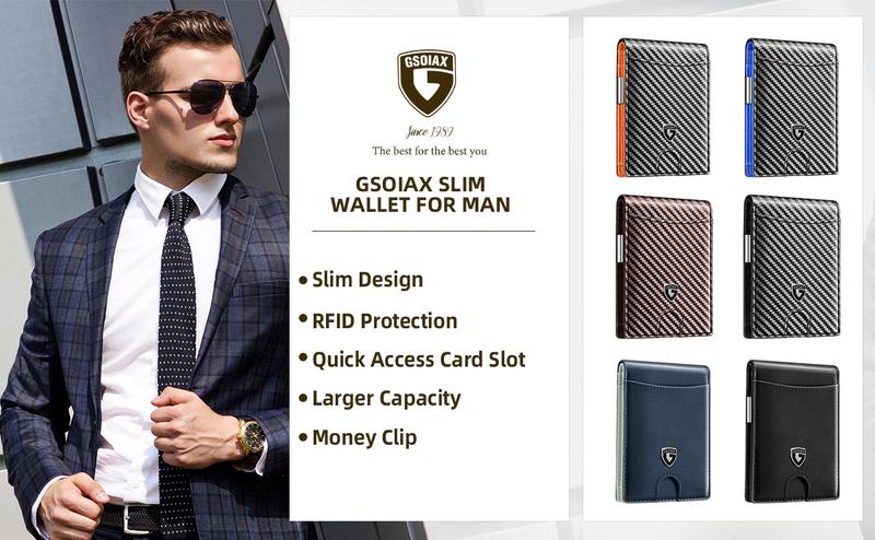 GSOIAX Slim Wallet for Men with Money Clip, Minimalist Leather RFID Blocking Bifold Small Thin Front Pocket Carbon Fiber Men's Wallet,11 Credit Card Slots Holder with Gift Box
