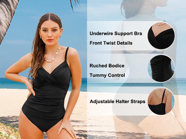 Hilor Women's Ruched Underwire One Piece Swimsuit Front Twist Swimwear Tummy Control Bathing Suit Monokini