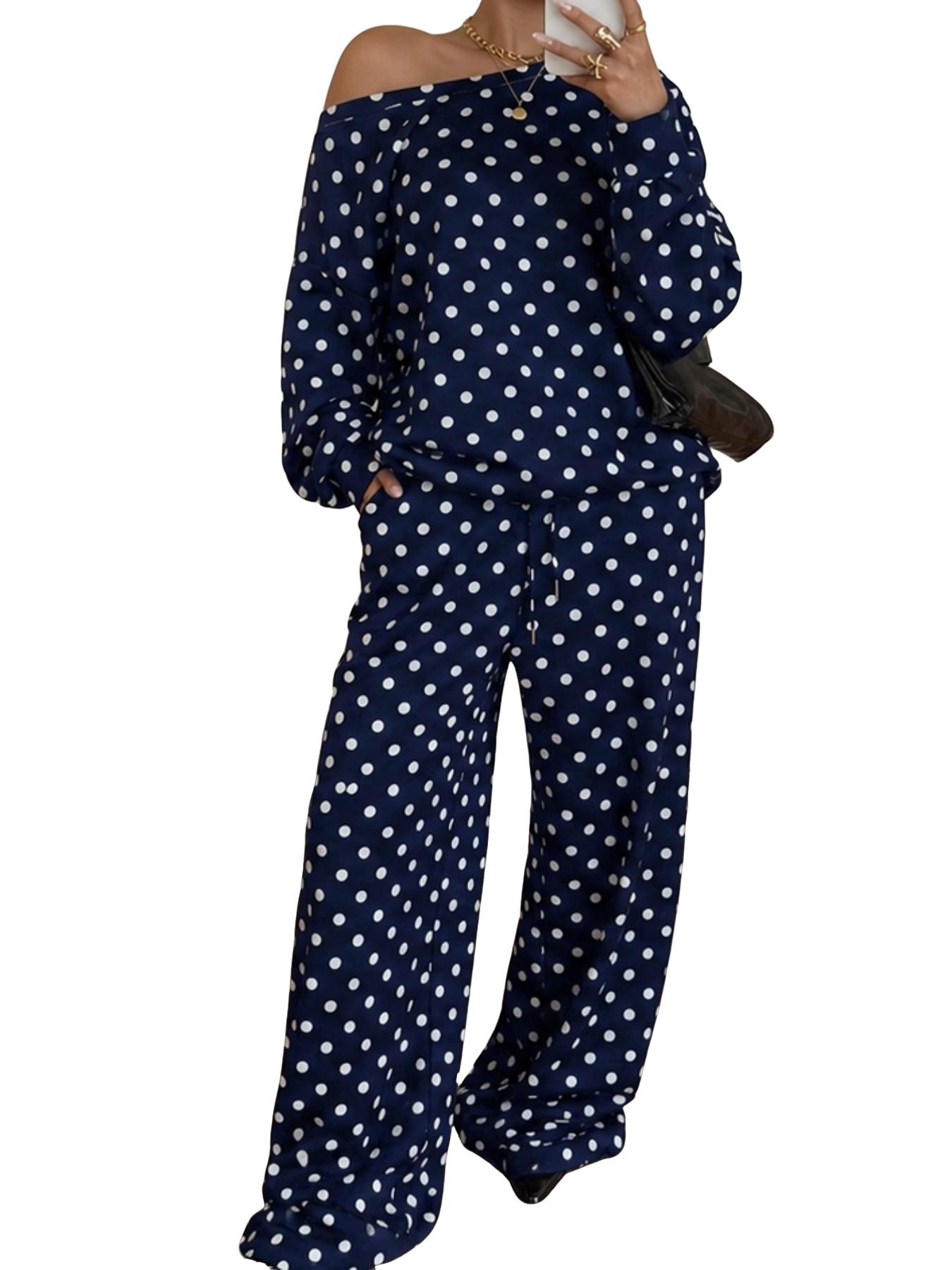 2026 Fall Women Polka Dot 2 Piece Matching, off Shoulder Long Sleeve Top, Adjustable Drawstring Wide Leg Pants, Casual Loungewear Set
