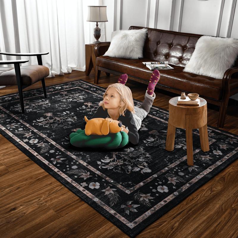 Brown Washable Faux cashmere Area Rug,Indoor Home Decor Rug,vintage printed carpet,Boho Vintage Distressed Non-Slip Low-Pile Non Slip Carpet for Living Room,Dining Room,Office, 5x8ft,6x9ft