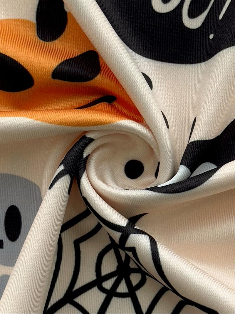 Women Halloween Two Piece Set Pumpkin Print Long Sleeve Crop Top Flare Pants Outfit Ghost Bat Spider Web Design Holiday Party Clubwear Casual Fall Festival Look Comfortable Fashion Matching Set Halloween Costume