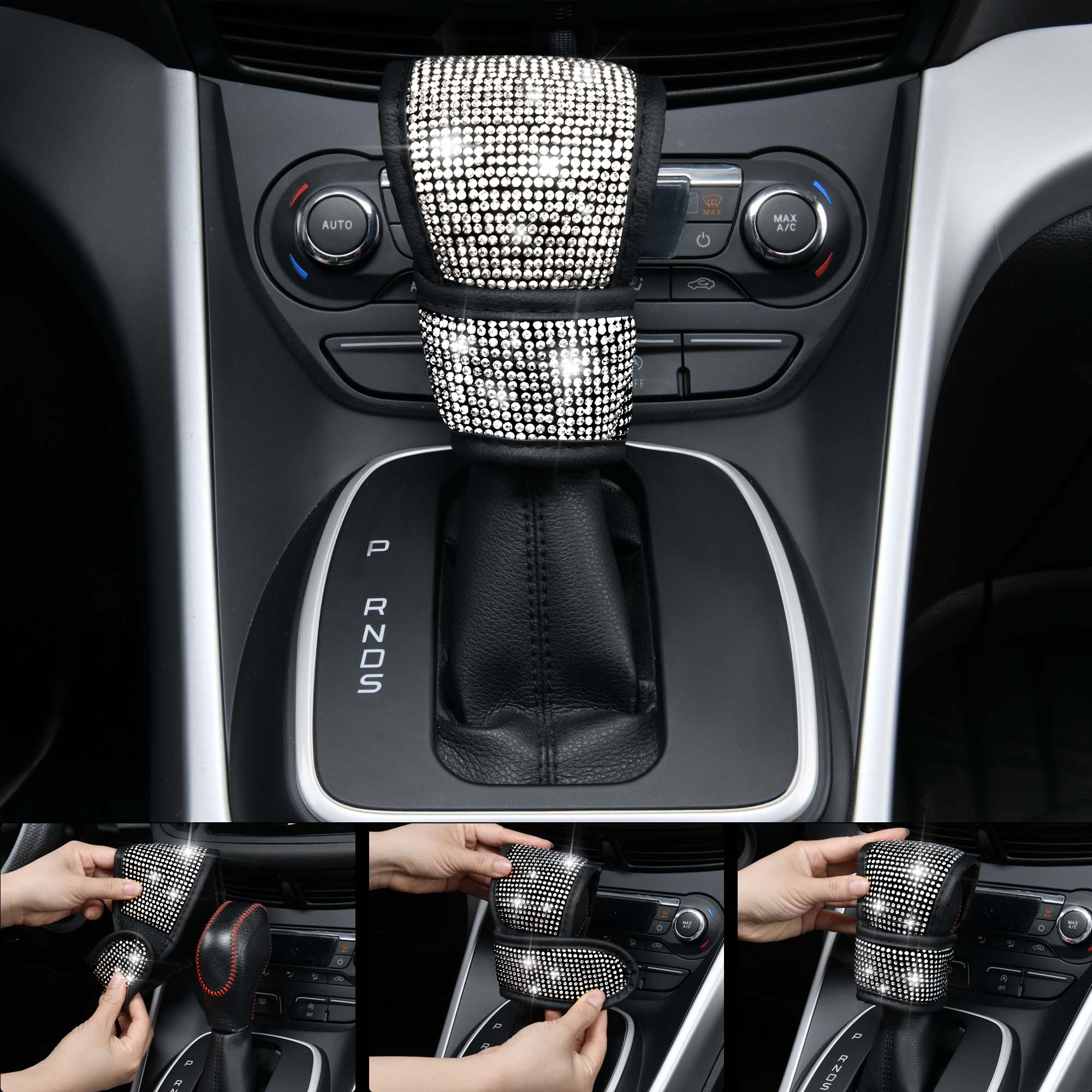 CAR PASS 7pcs Bling Car Accessories for Women,Sparkly Rhinestone Diamond Steering Wheel Cover,Belt Cushion,Glitter Shift Knob Cover,Cup Holder Coaster