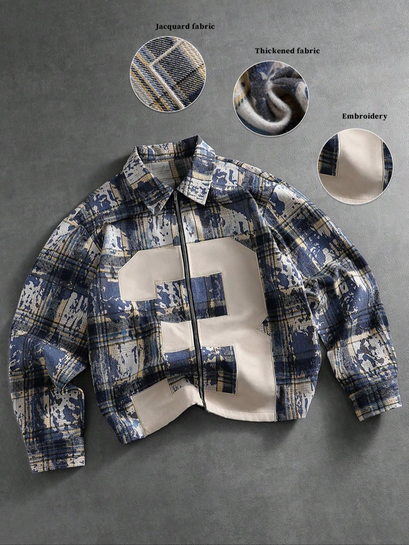 Men's Blue Plaid Zipper Jacket, Trendy Design with Embroidery, Thick Fabric, Vintage Grid Street Style, Unique Fashion Attitude, Coats