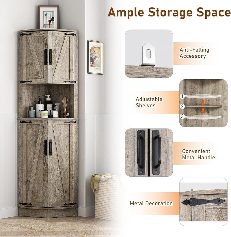68" Tall Farmhouse Corner Cabinet, Dining Room Storage Cabinet with 4 Barn Doors and 5 Level Storage with Adjustable Shelves, for Kitchen, Living Room, Laundry Room