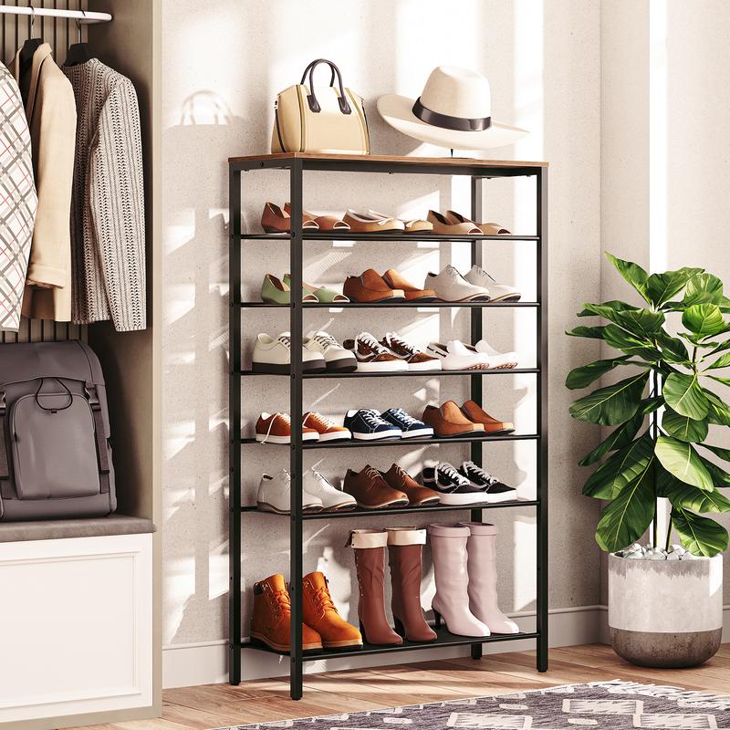 MAHANCRIS 8-Tier Shoe Rack with Adjustable Metal Mesh Shelves, Large Capacity with 28-32 Pairs of Shoes, for Entryway, Stable Structure, Rustic Brown
