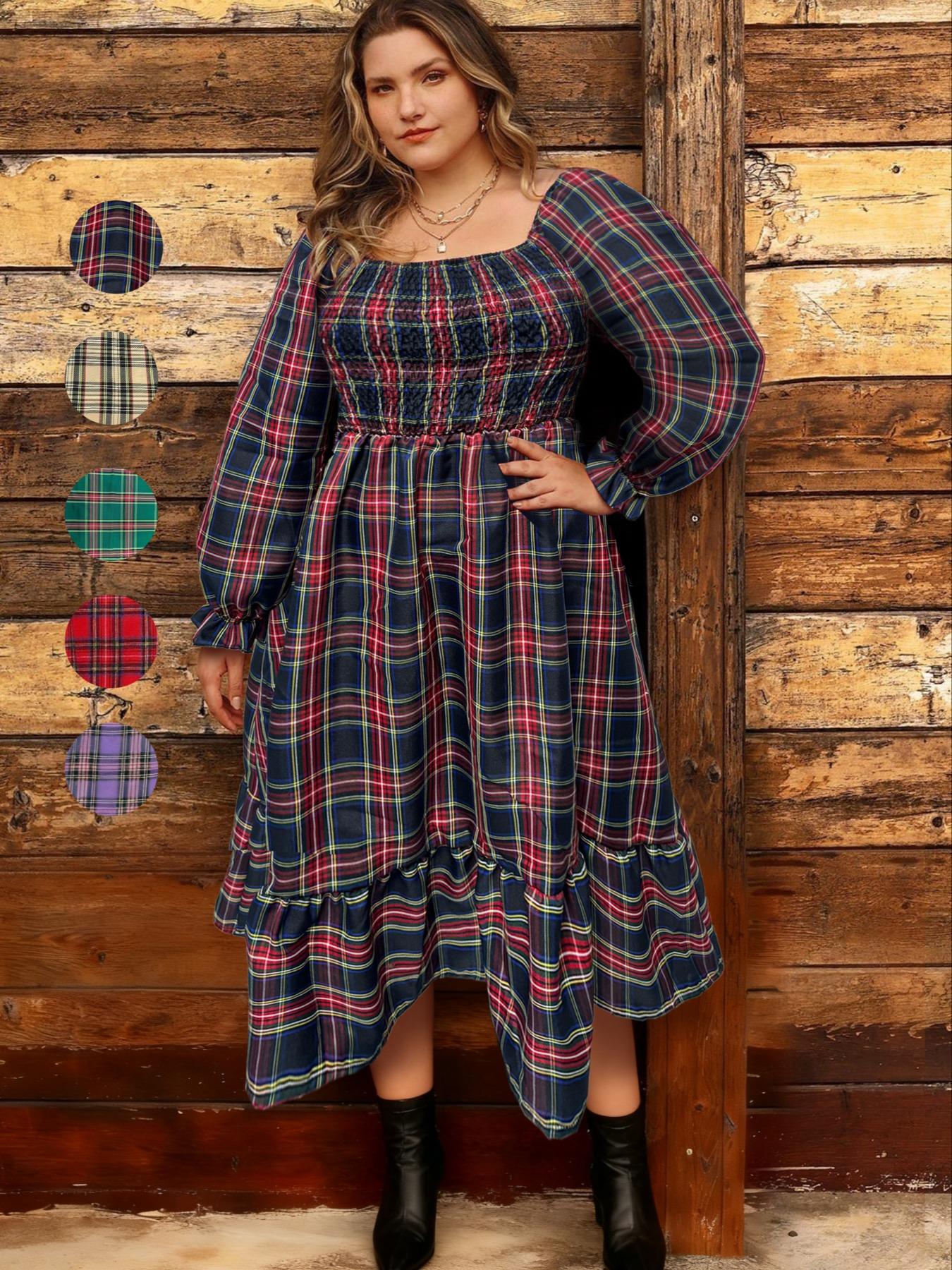 Christmas Plus Size Plaid Long Sleeve Dress for Women, Casual Loose-Fitting A-Line Dress, Fall & Winter Fashion, Comfortable Daily Wear, Boho Fashion Dress