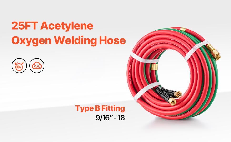 VEVOR Oxygen Acetylene Hose, 1/4-Inchx 25FT Oxy Acetylene Hose with 9/16"-18 B Fitting, 300PSI T Grade Welding Cutting Torch Twin Hose, Compatible with Oxygen, Acetylene, Propane and Other Fuel Gases