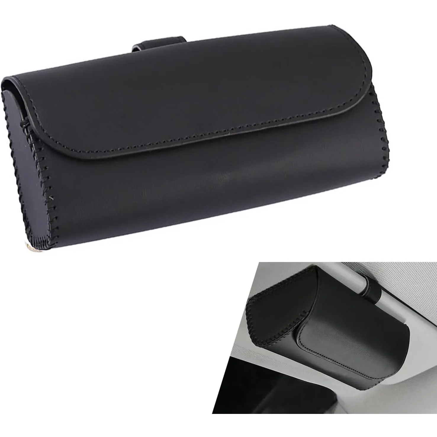 Sunglasses Holder for  Visor, PU Leather Visor Sunglasses Holder Clip, Auto Eyeglasses Protective Storage Case,   Sunvisor Accessories Organizer Box for Sedan, SUV, Van (Black)