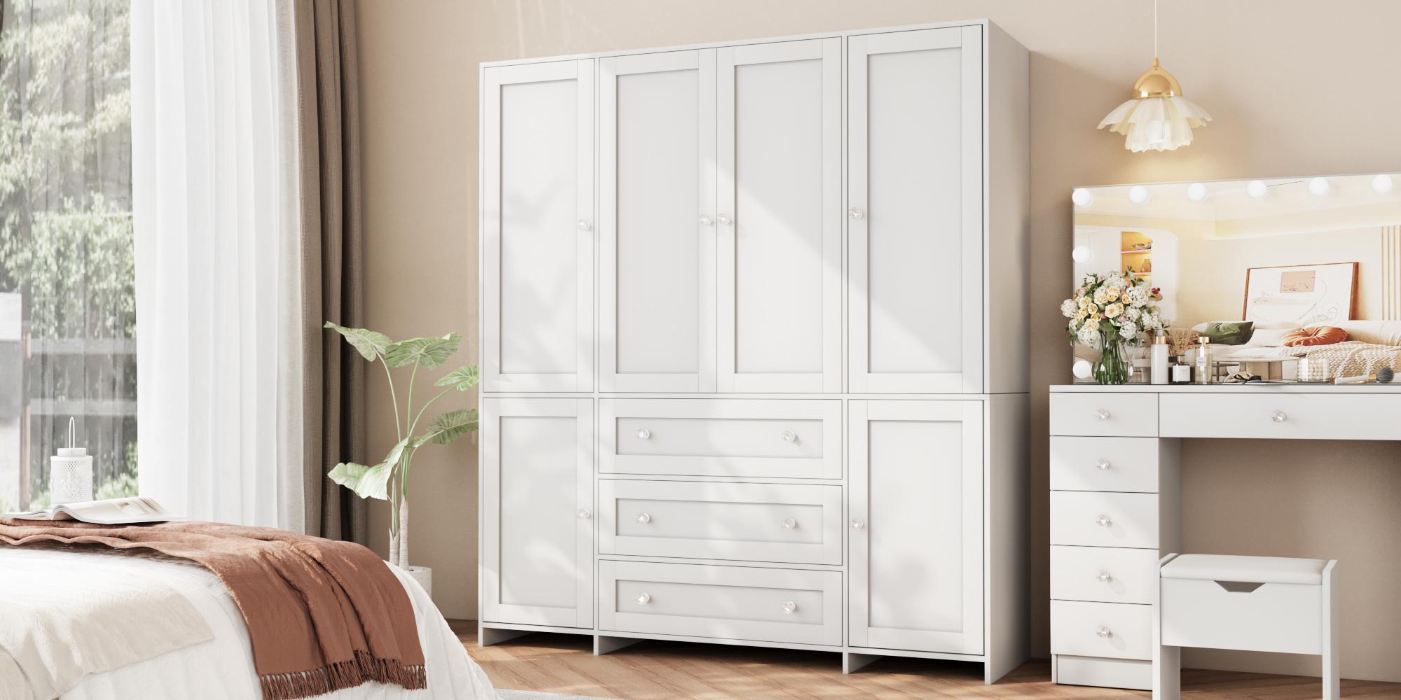 VOWNER Large 4 Doors Wooden Wardrobe Bedroom Tall Armoire Closet Organizer with Big Drawers Mirror Hanging Rails and Shelves Clothes Storage Cabinet for Bedroom