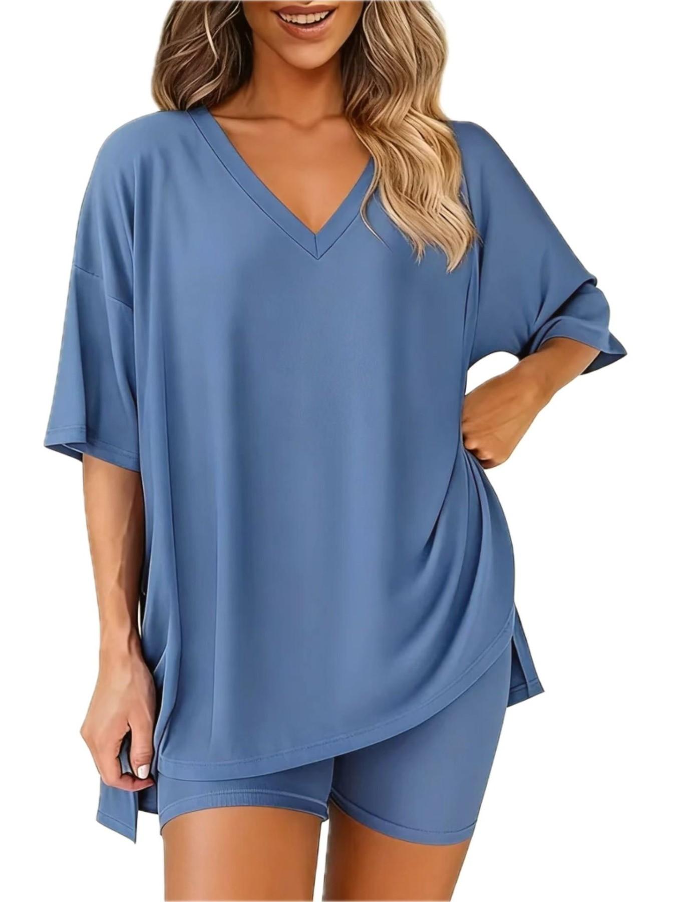 2026 V Neck 2 Piece Sets forSpringWomen Summer Loungewear Short Set SpringMatching Biker Shorts Oversized ShirtClothing