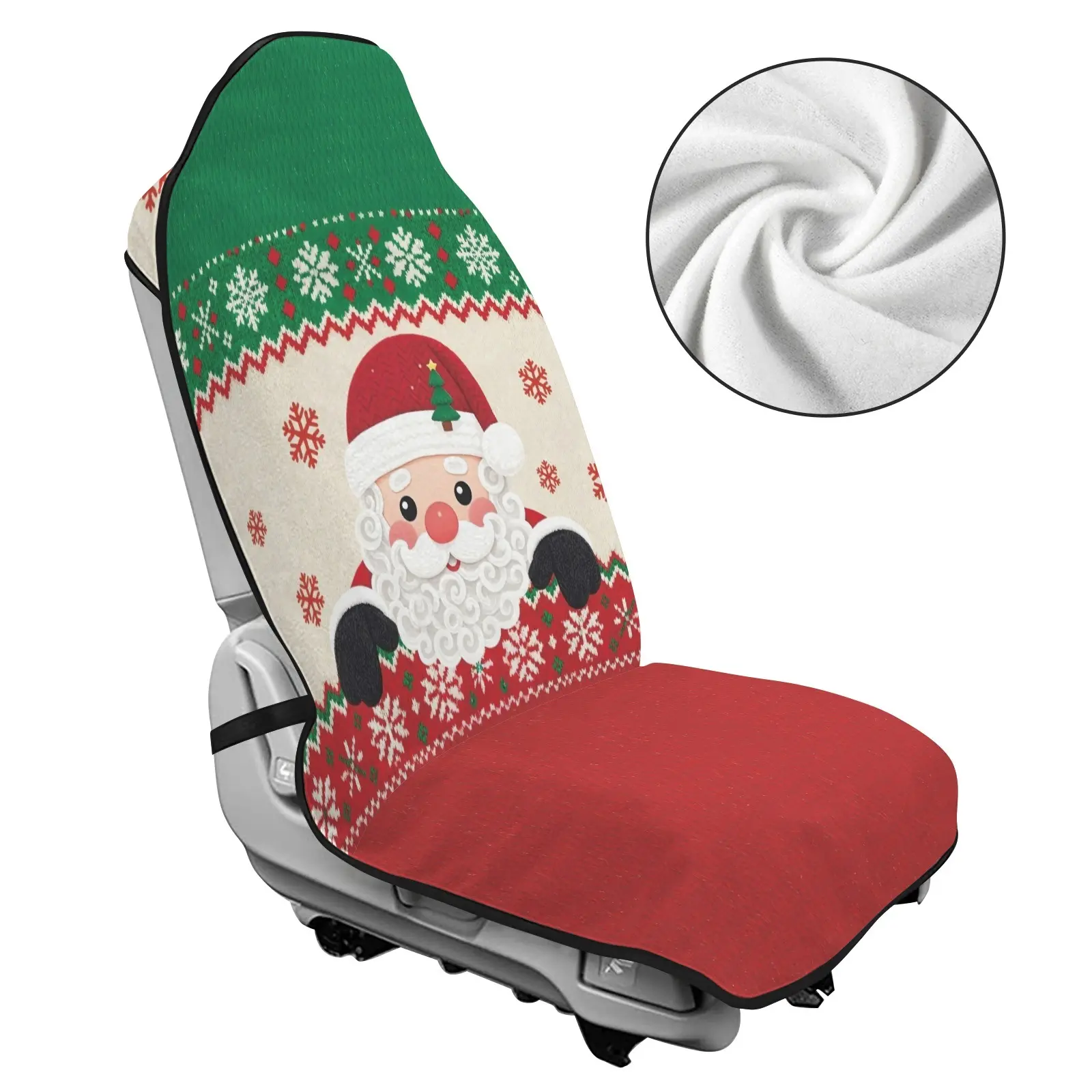 Christmas Poinsettia Santa Claus Terry Cloth Towel Front Car Seat Cover, Universal Slip-On Strap Anti-Slip Protector, Red Floral Candy Cane Print Auto Accessory, Machine Washable Cushion for Holiday Drives, Front Seats