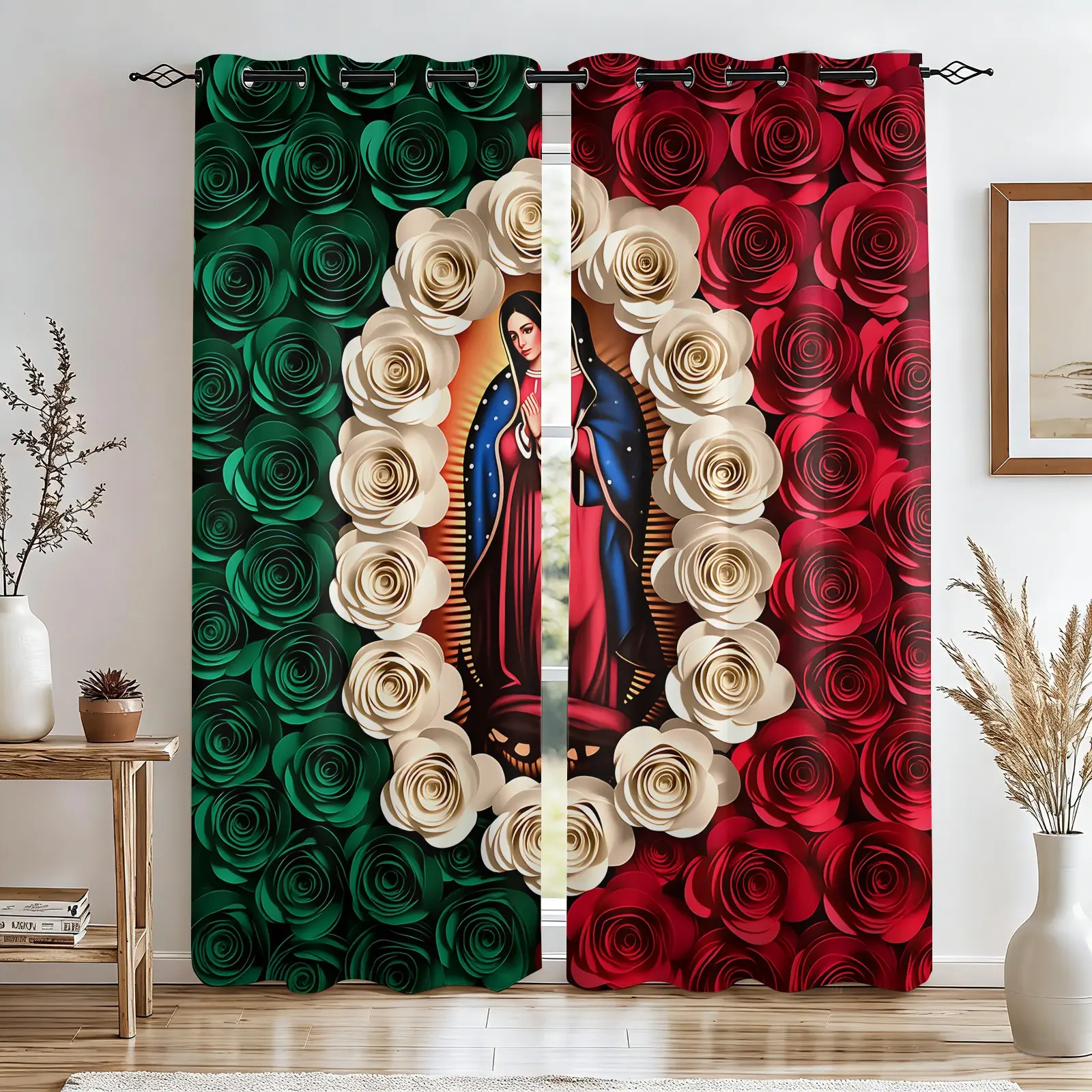 2 Panels Our Lady of Guadalupe Rose Print Curtains, Light Darkening Privacy Blocking Curtains for Bedroom & Family Room, Mexican Cultural Aesthetic Room, Ideal for Latino Family Home Decor