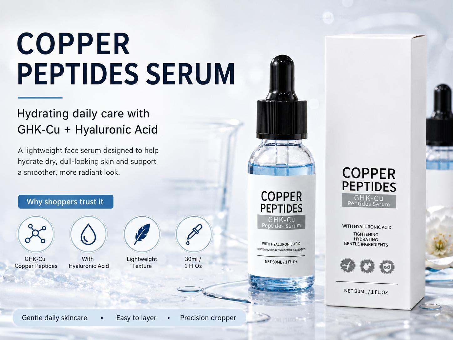 Organic GHK-Cu Copper Peptide Facial Care Serum with Hyaluronic Acid - Daily Lightweight, Alcohol-Free Formula to Hydrate, Firm, Plump, Soften, Rejuvenate, Repair Dry/Dull Skin - 1 fl oz/30 ml Skincare Essence
