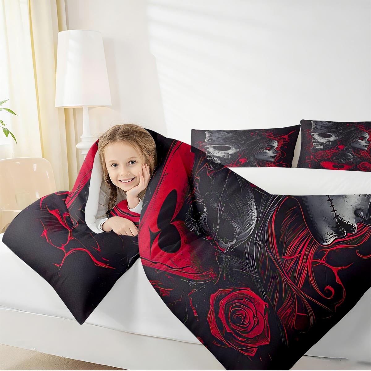 Gothic Skull and Rose Comforter Set, Dark Military Style Bedding Set with Haunting Woman Design, Cozy and Stylish Quilted Decorative Duvet Cover for a Unique Bedroom Makeover, Includes 1 quilt, with 1 or 2 Pillowcase No Pillow Core