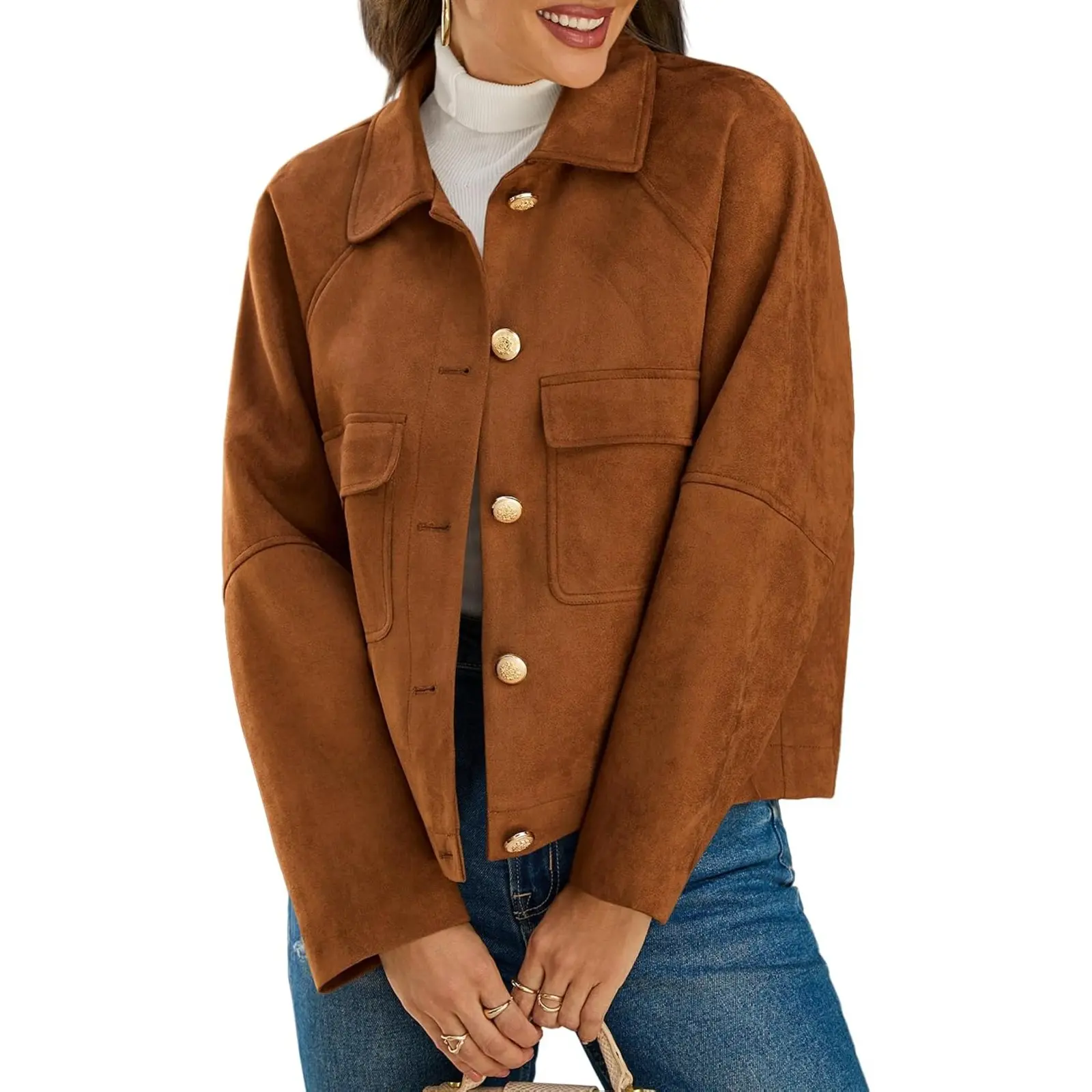 Cicy Bell Women's Faux Suede Leather Jackets Cropped Fall Vintage Shackets | Lapel Collar, Button Down, Crop Length, Chest Pockets, Trendy Casual