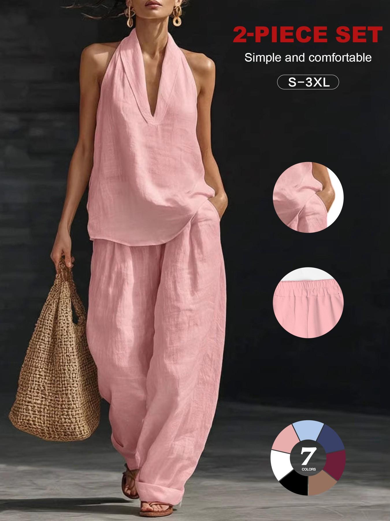 Women's Linen Sets 2 Piece Summer, Casual Sleeveless Lounge Set, Ankle Length, Loose-Fitting, Beach Vacation Clothes