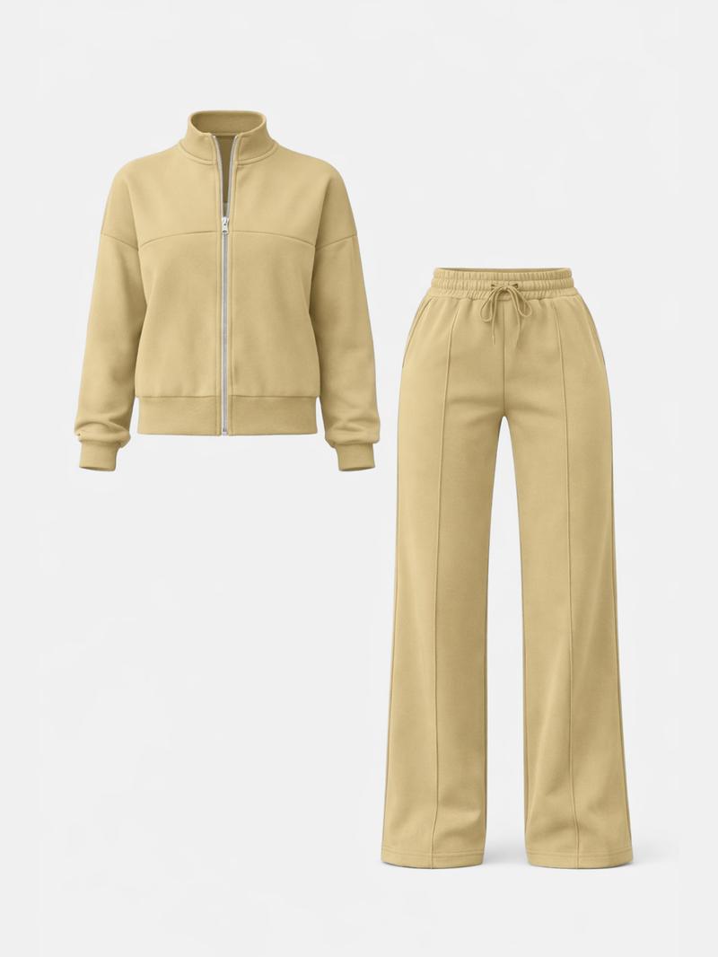 Women's Solid Zip Up Crop Jacket & Drawstring Waist Pants Two-piece Set, Casual Fashion Drop Shoulder Long Sleeve Top & High Waist Trousers for Daily Outdoor Wear, Women's Clothing for Spring & Fall