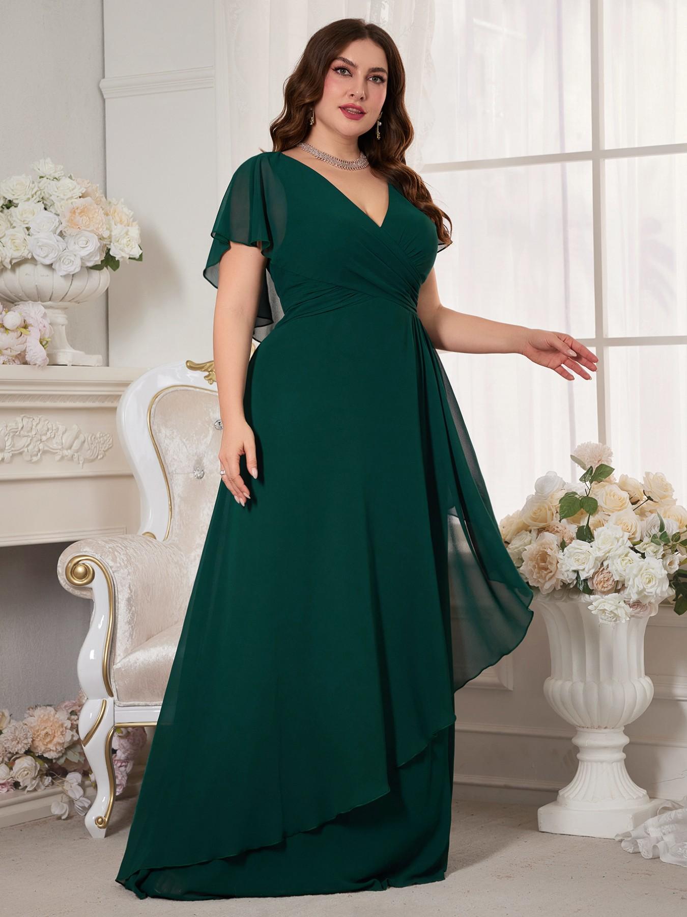 Elegant Chic V-Neck Chiffon Maxi Dress, Formal Plain Fitted Short Sleeve, Ruched Waist, Irregular Hem, Bridesmaid Gown Lady Womenswear for All Seasons