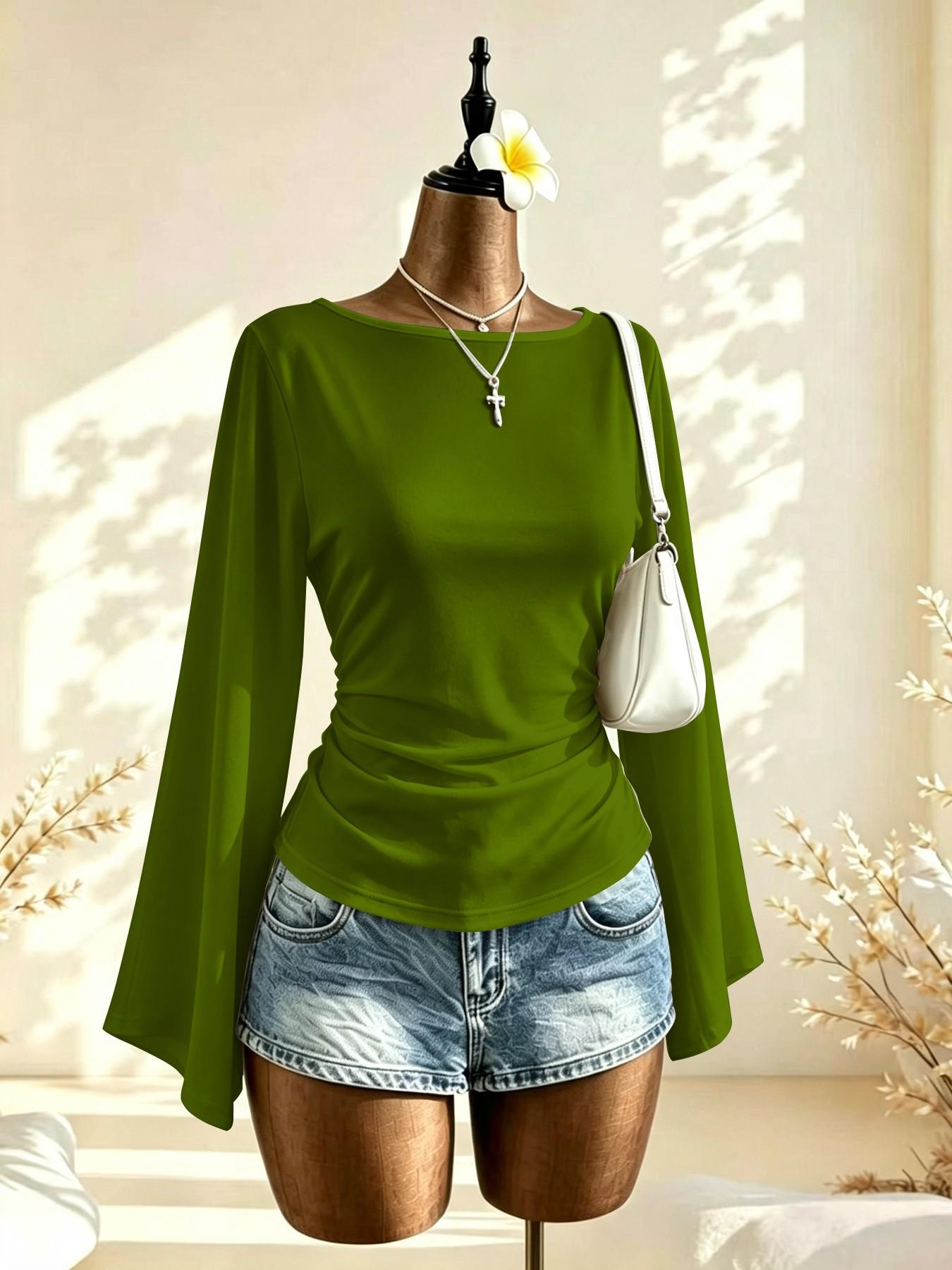 French Lazy Style Plain Color One-Shoulder Bell Sleeve Top, Side Pleat Waist Slimming Commuter Shirt, Choose 1/2 Pieces
