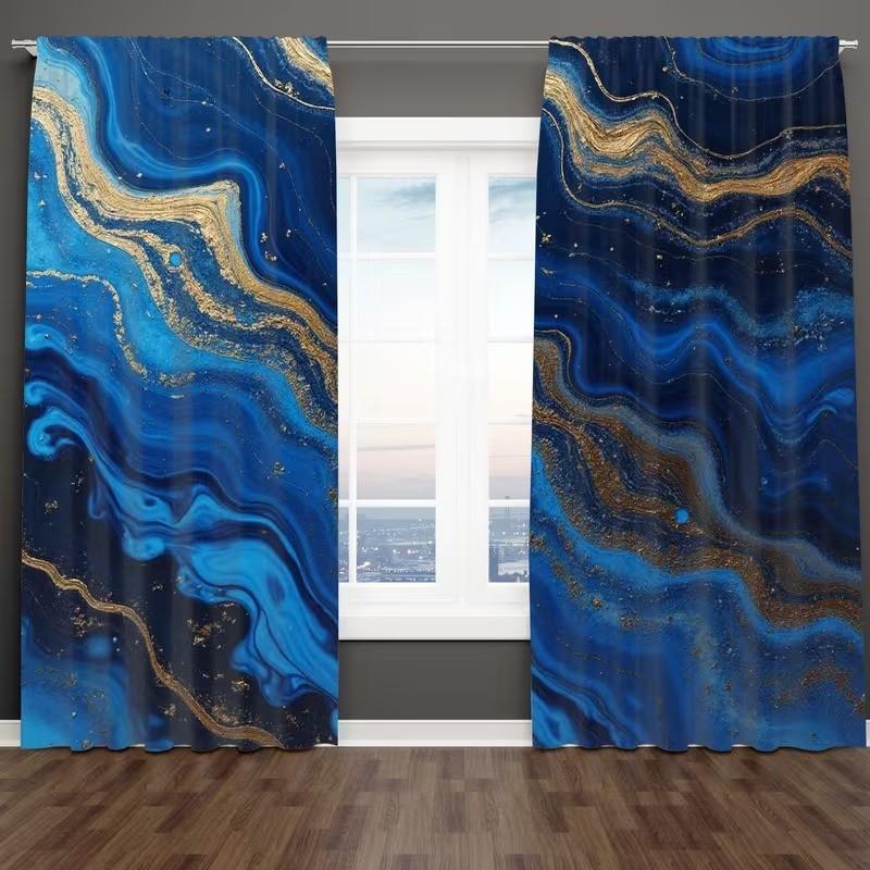 2 pieces of swirl blue and gold marble pattern printed curtains for elephants, made of polyester and semi-transparent, machine washable, suitable for bedrooms, living rooms and home decoration.