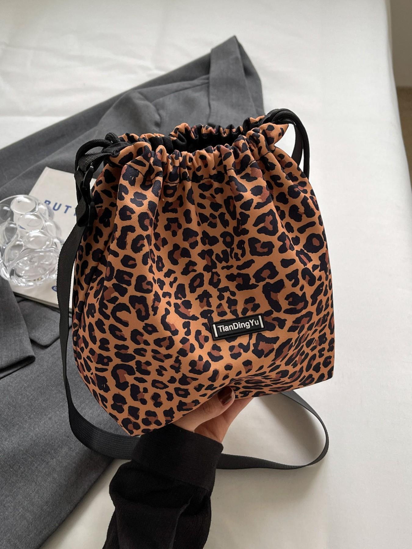 Women's Leopard Print Drawstring Bucket Bag, Lightweight Nylon Crossbody Shoulder Purse, Adjustable Strap, Casual All-Season Handbag