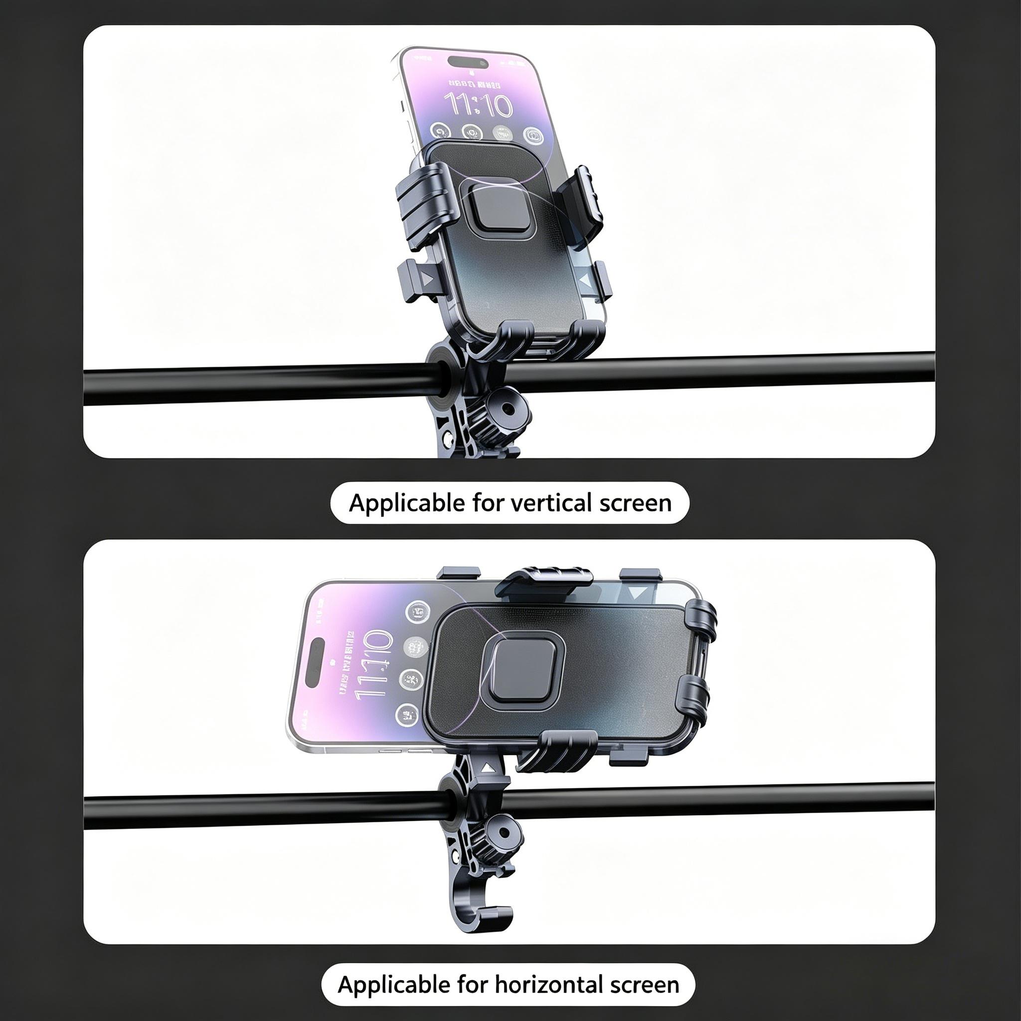 360° Rotatable Bike and Motorcycle Phone Mount, suitable for scooters, e-bikes, e-bike accessories, handlebar mounts, anti-vibration mounting for cycling, navigation mounts for food delivery riders, and shock-resistant phone mounts for outdoor cycling.