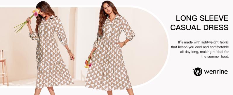 Wenrine Womens Boho Midi Dress Long Sleeve Casual Color Block Beach Button Down Shirt Dress