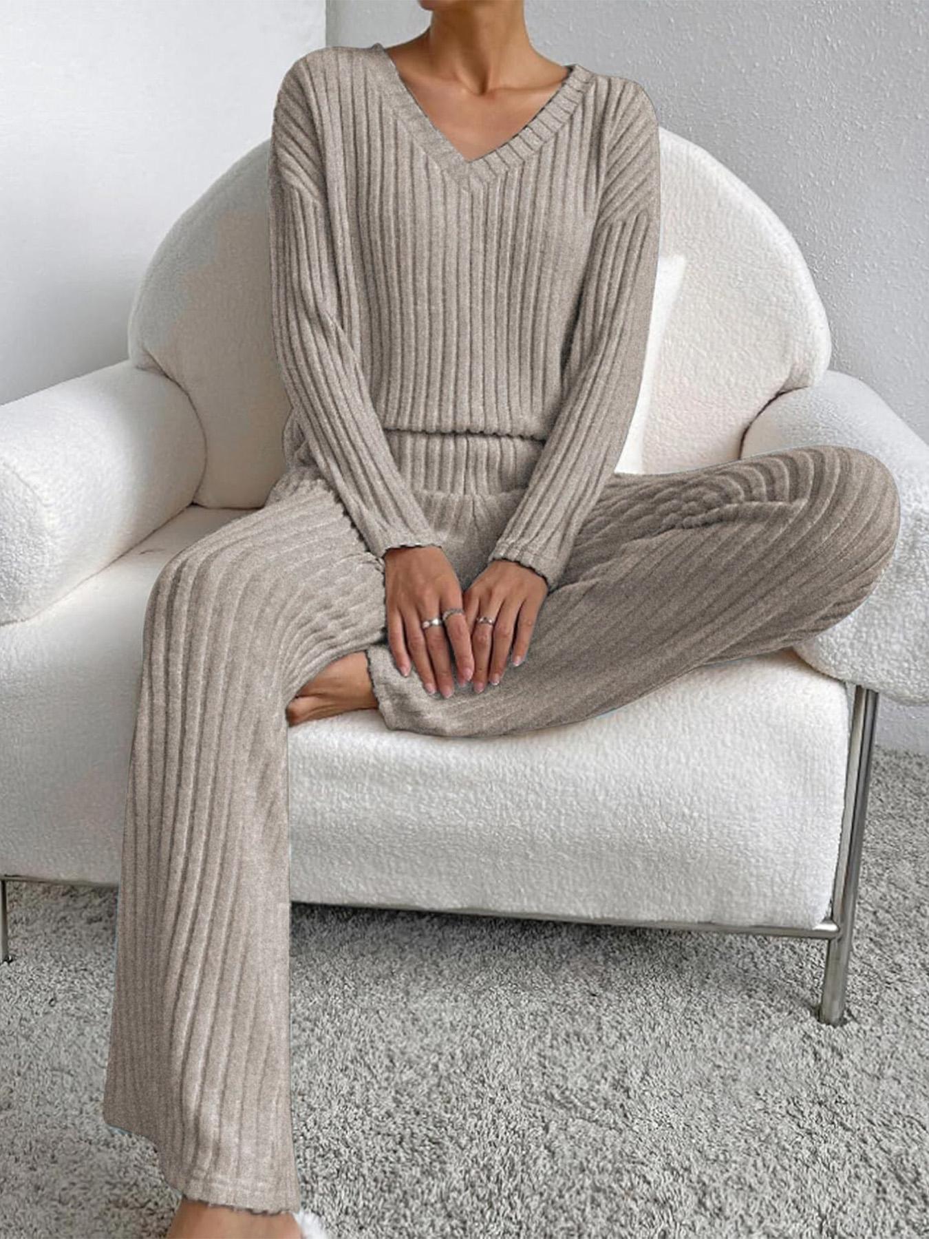 Women's Ribbed Knit 2-Piece Loungewear Set, V-Neck Oversized Long Sleeve Top, Wide-Leg Pants with Pockets, Soft Cozy Casual