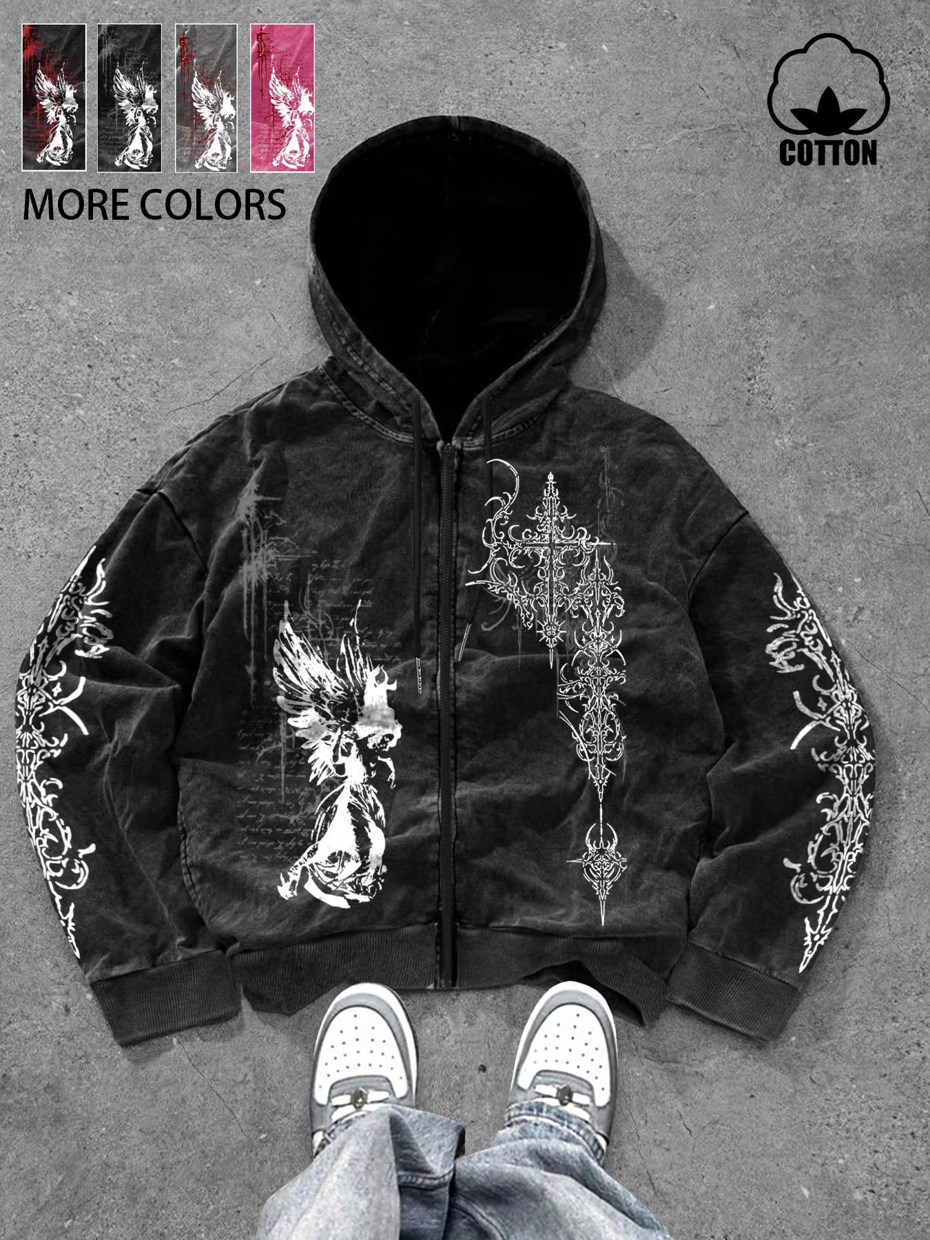 Same design for men and women, Dark-themed angel/gothic lace pattern print, retro American-style wash water cotton zipper hooded cardigan sweatshirt, suitable for spring and autumn, warm with cotton, and is perfect for street gothic fashio, Fashion