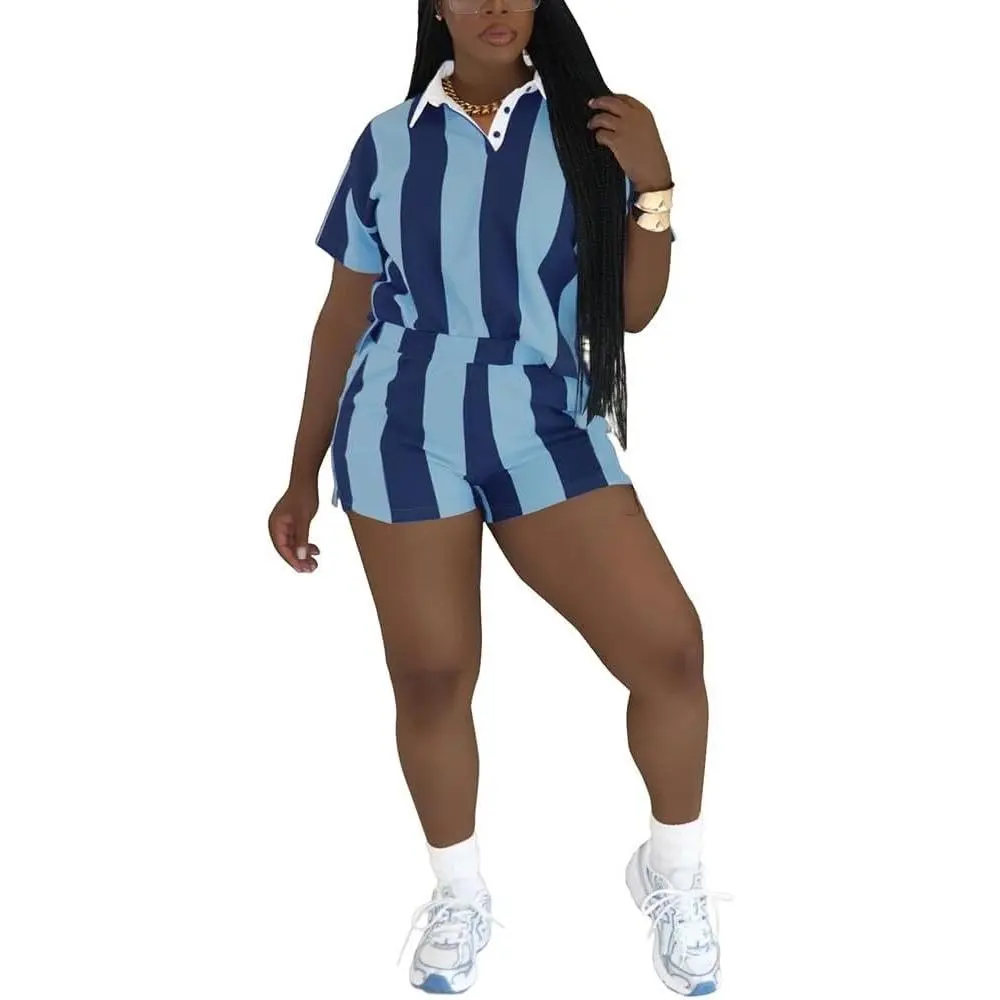 2 Piece Sets for Women Summer Casual Striped Polo Shirt High Waisted Short Workout Jogger Sets