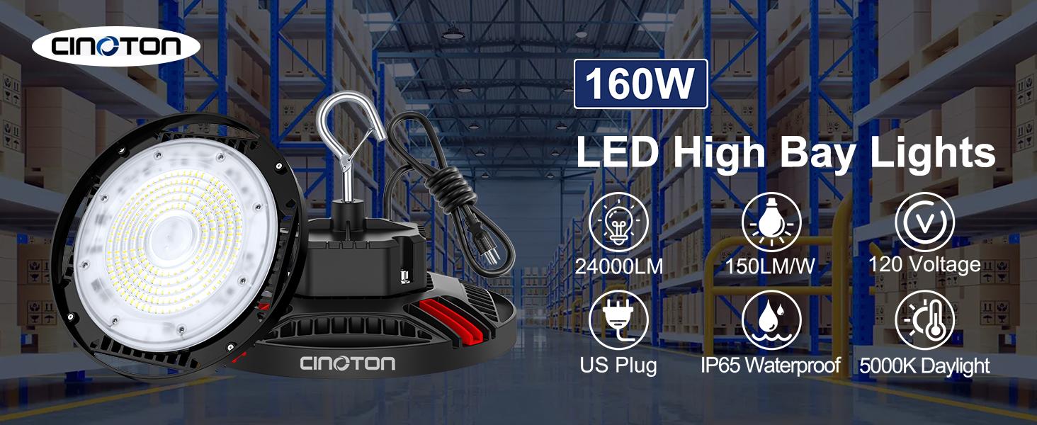 CuLiDing 160W UFO High Bay LED Lights with Us Plug, 24000 Lumens [Equivalent to 700w HD/HPS], ldeal forWarehouses, Garages, Factories, and Barns, UL Listed, 120v Commercial Bay Lighting, 5000K Daylight White