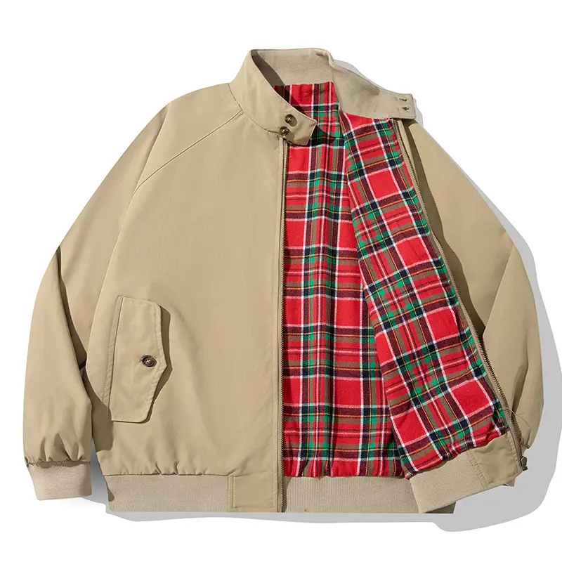 Vintage Harrington Zip‑Up Jacket For Men, Classic Plaid Lining Design, Button Flap Pockets, Ribbed Trims, Relaxed Fit Casual Outer Layer For Autumn Daily Street Style Outfits # sohochic