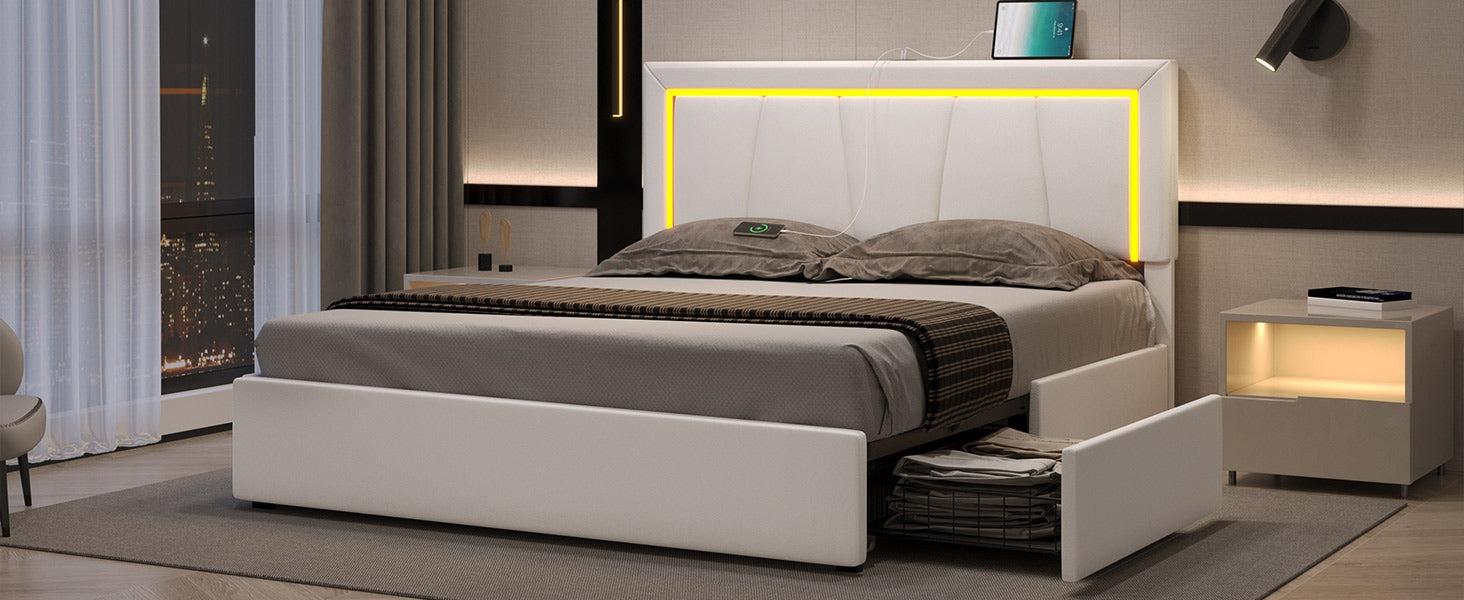 Sikaic Faux Leather Platform LED Bed Frame With Storage Drawers And USB Ports Adjustable Headboard White Furniture Modern Interior Design Luxury