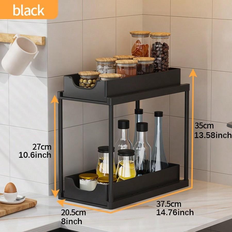 Adjustable Storage Rack, Single and Double Layer Sink Under Cabinet Organizer, Pull-Out Metal Kitchen Bathroom Shelf, Cleaner Supplies Organizer