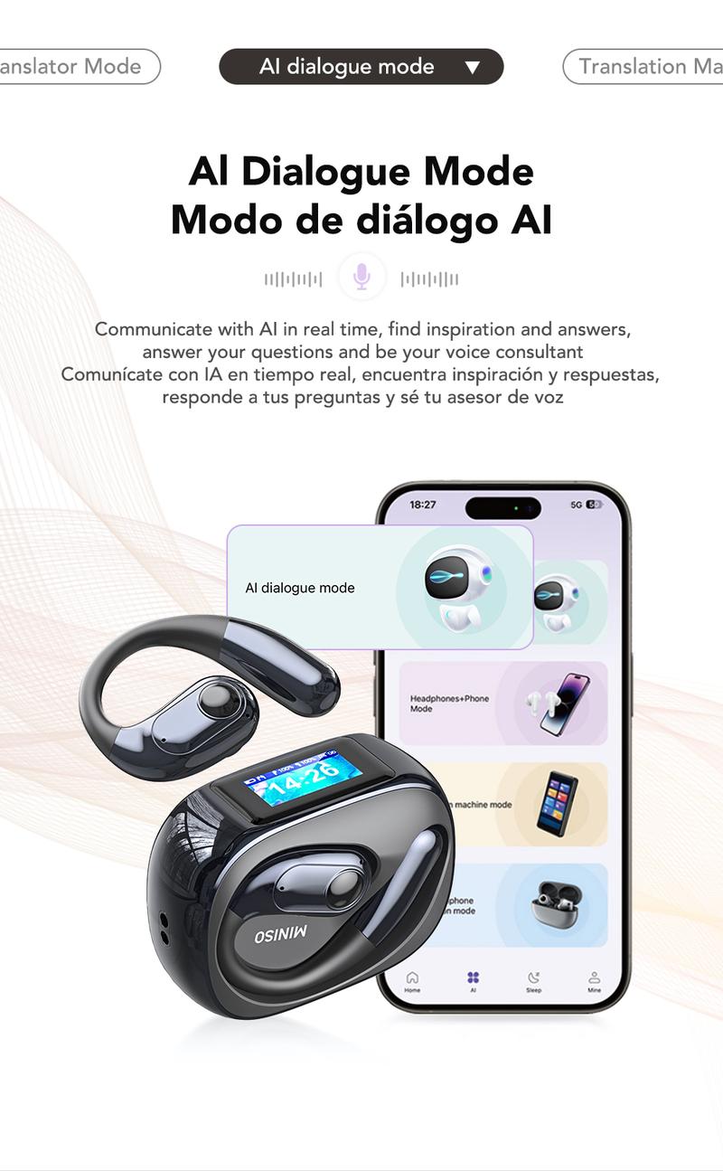 MINISO MS193 AI Translation Earbuds Open Ear Wireless Headphones 134 Languages Translatable Bluetooth Smart Earphones with APP LCD Screen Display Charging Case