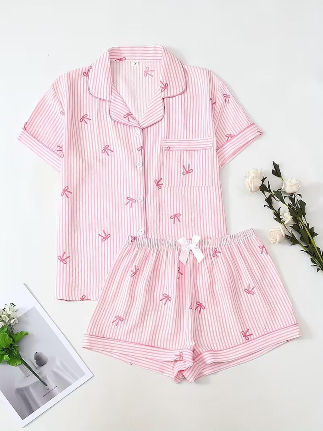 Women's Short Sleeve Button Down Top and Shorts Pajama Set, Spring Summer Wear, For American Coquette Sweet Girls, Pink White Stripe With Bow Print, Classic Lapel Collar With Contrast Pink Piping, Loose Fit, Comfortable For Home & Going Out