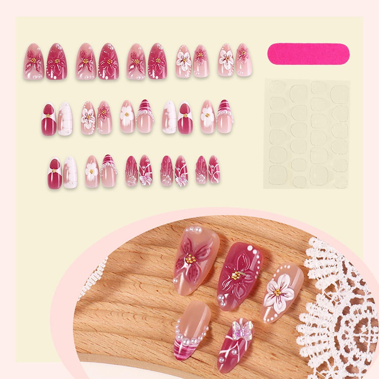 Soft Pink Cherry Blossom Nails - Hand-Carved Floral Press Ons with Pearl Details Flower Nails