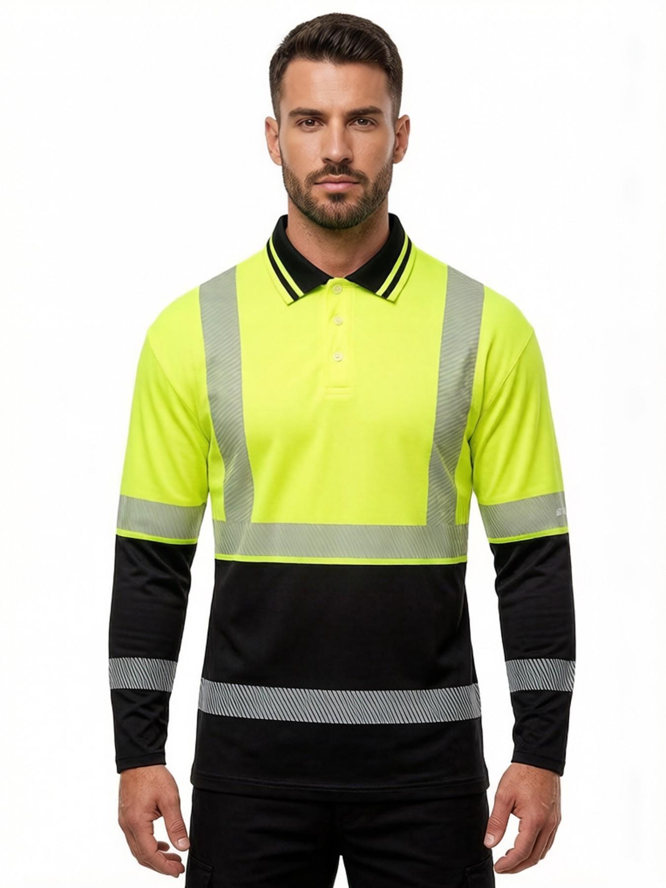 Men's casual autumn and winter tooling printed long-sleeved POLO shirt - contrasting color design, orange, black and neon green optional, lapel, light and breathable, durable fabric shirt, outdoor labor shirt, bold print design, warehouse staff only