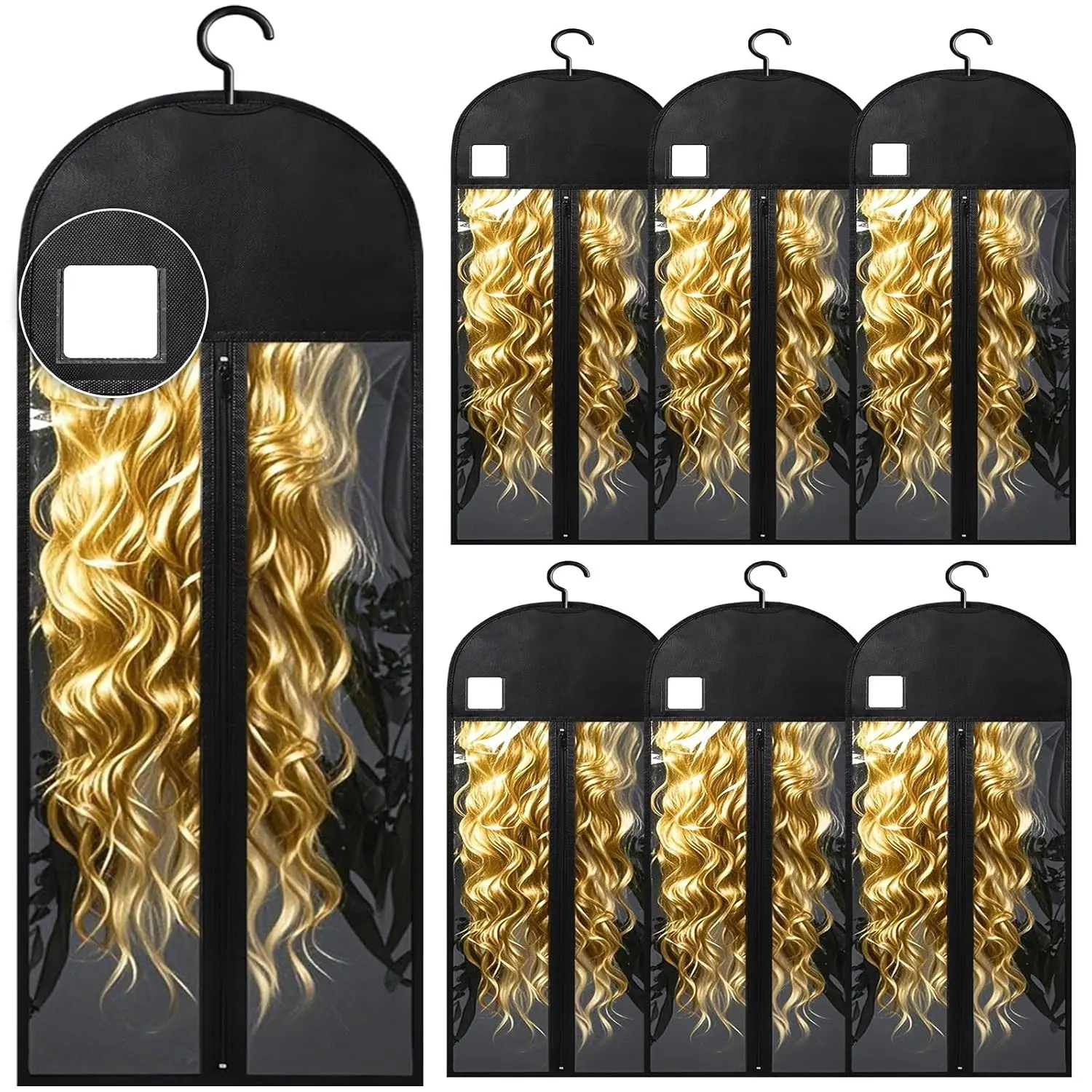 6-Piece Extra Long Wig Storage Bags with Hanger, Wig Care Organizer with Hanging Labels, Dust-Proof Hair Storage for Accessories, Travel Ready Closet Solution (Black, 31.5in)